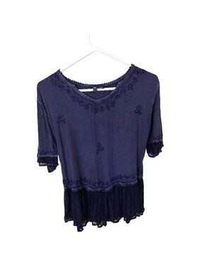 Kaaku Womens Navy Blue Blouse Top Lace Hem Embroidered Medium Fairy Shirt Boho